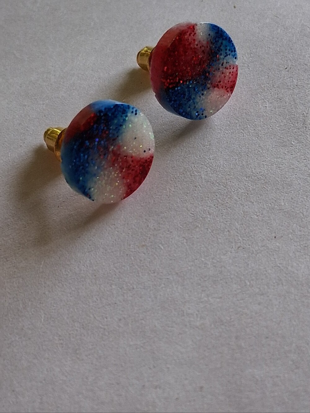 5/$25 Hand Crafted Red, White & Blue Glitter Resin Stud Earrings - Picture 2 of 3